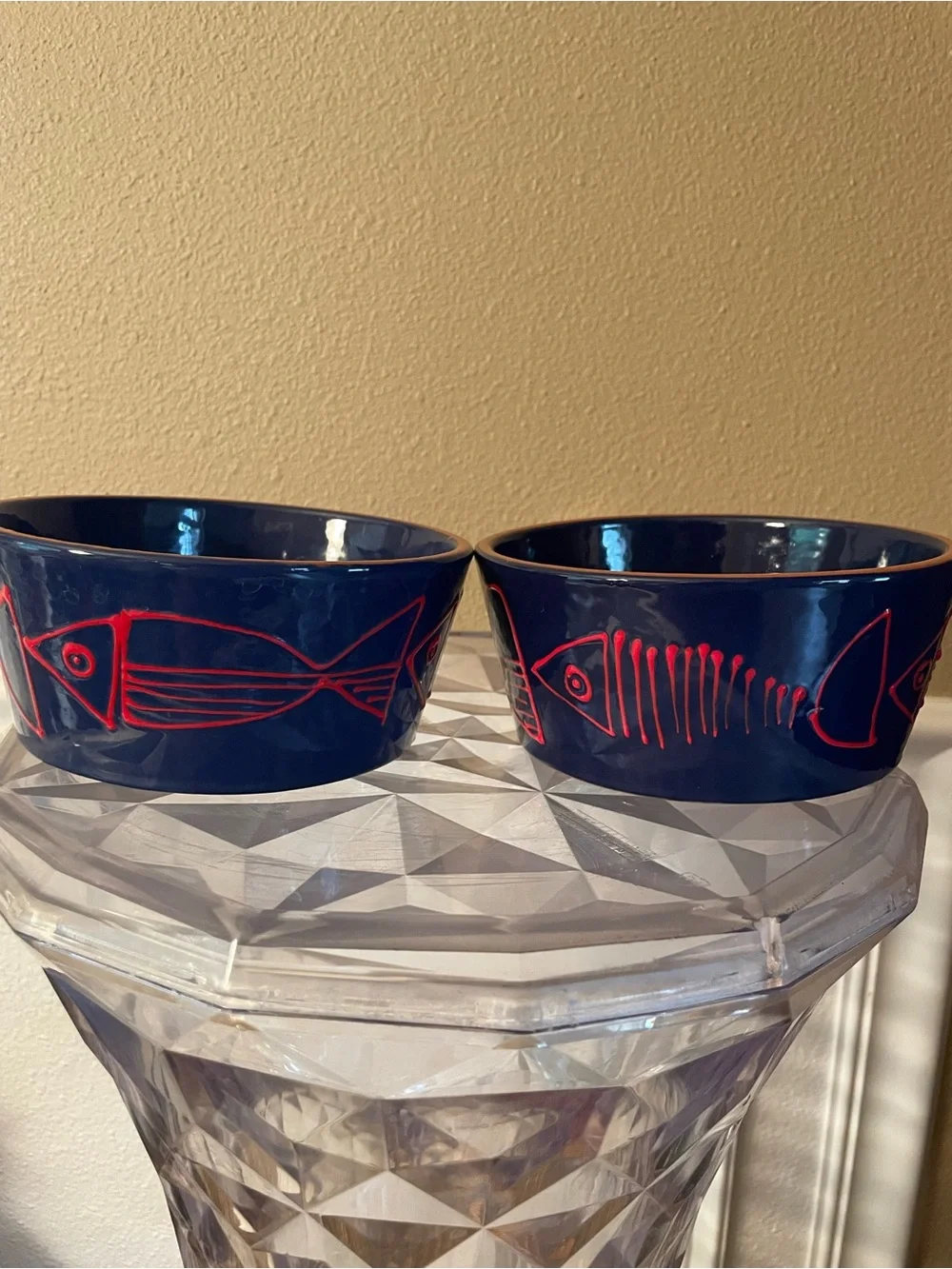 Crate & Barrel Shore Dark Navy Red Fish Bowls lot of 2